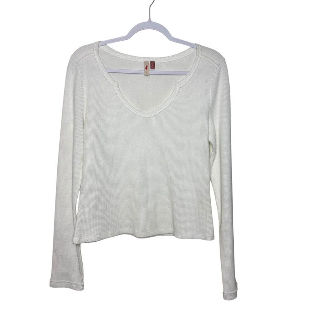 Pilcro Thermal V Neck Long Sleeve Waffle Top Women M White Boho Casual